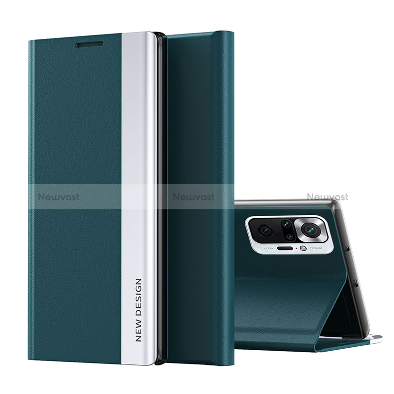 Leather Case Stands Flip Cover Holder Q01H for Xiaomi Redmi Note 10 Pro 4G Green