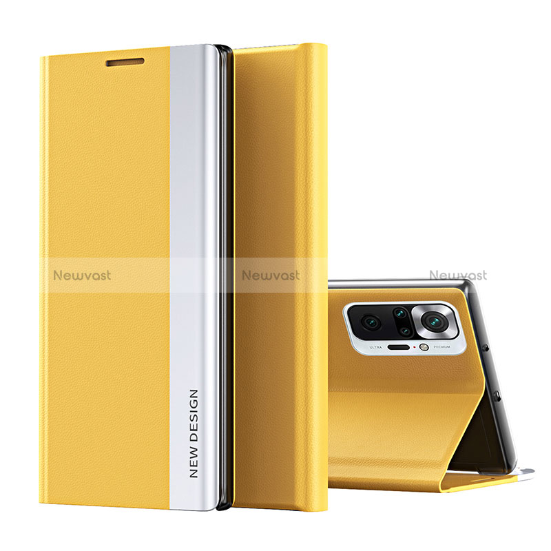 Leather Case Stands Flip Cover Holder Q01H for Xiaomi Redmi Note 10 Pro 4G Yellow