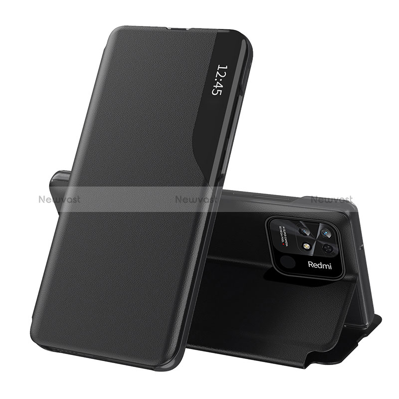 Leather Case Stands Flip Cover Holder Q02H for Xiaomi Redmi 10 India Black