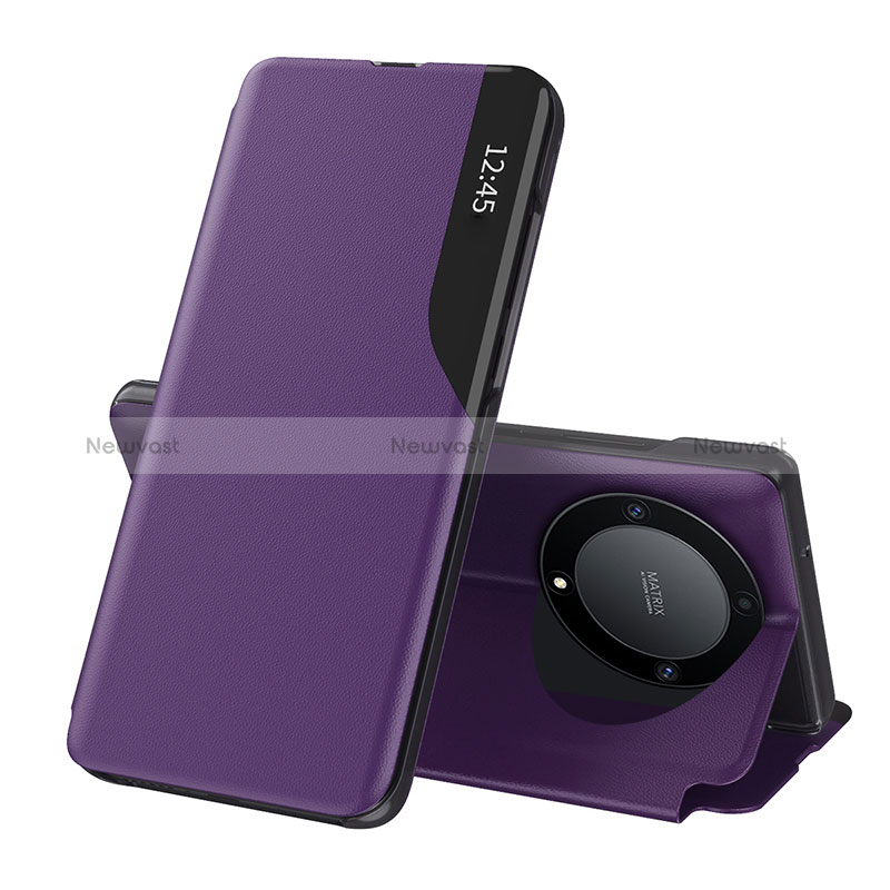 Leather Case Stands Flip Cover Holder QH1 for Huawei Honor Magic6 Lite 5G Purple