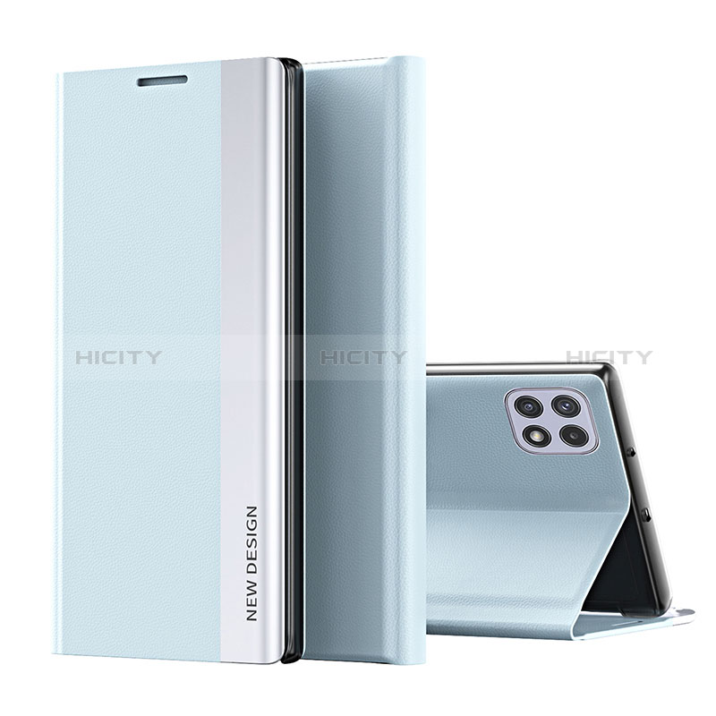 Leather Case Stands Flip Cover Holder QH1 for Samsung Galaxy F42 5G Sky Blue