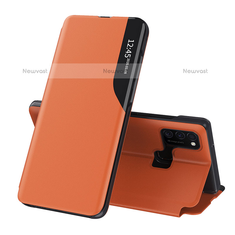 Leather Case Stands Flip Cover Holder QH1 for Samsung Galaxy M21 Orange