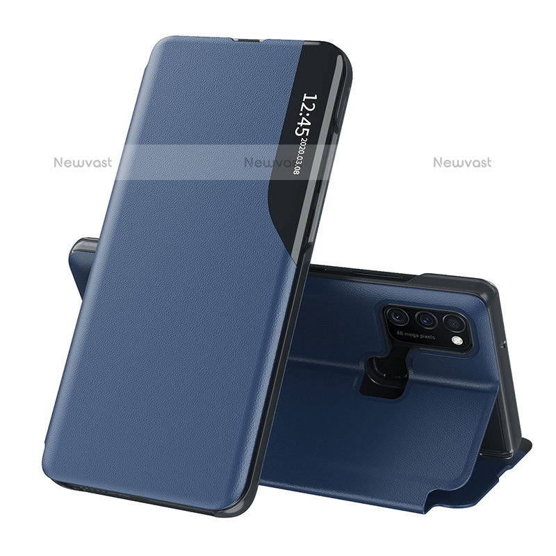 Leather Case Stands Flip Cover Holder QH1 for Samsung Galaxy M30s Blue