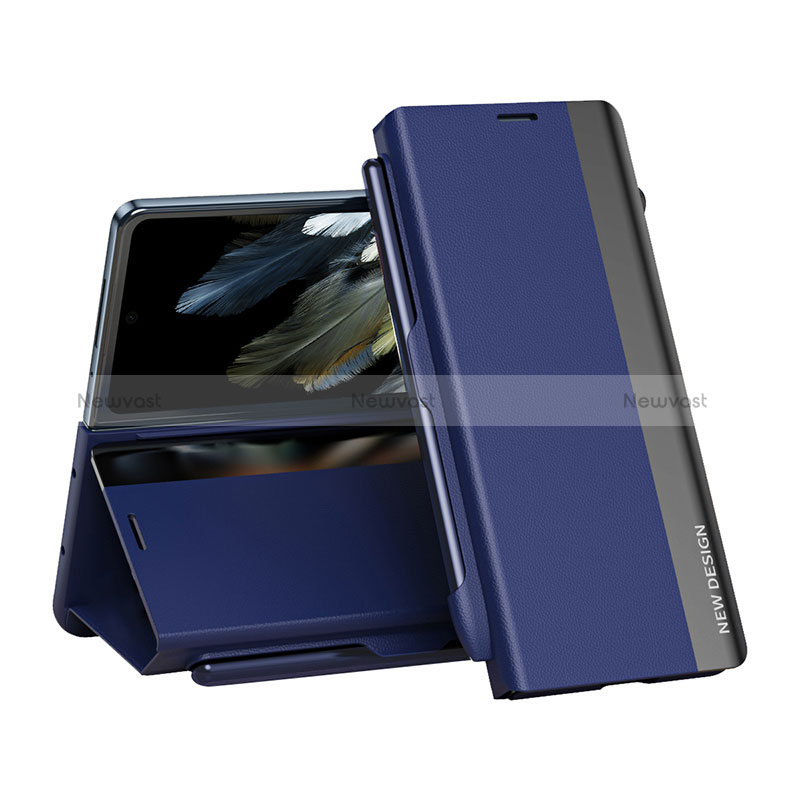 Leather Case Stands Flip Cover Holder QH2 for Oppo Find N3 5G Blue