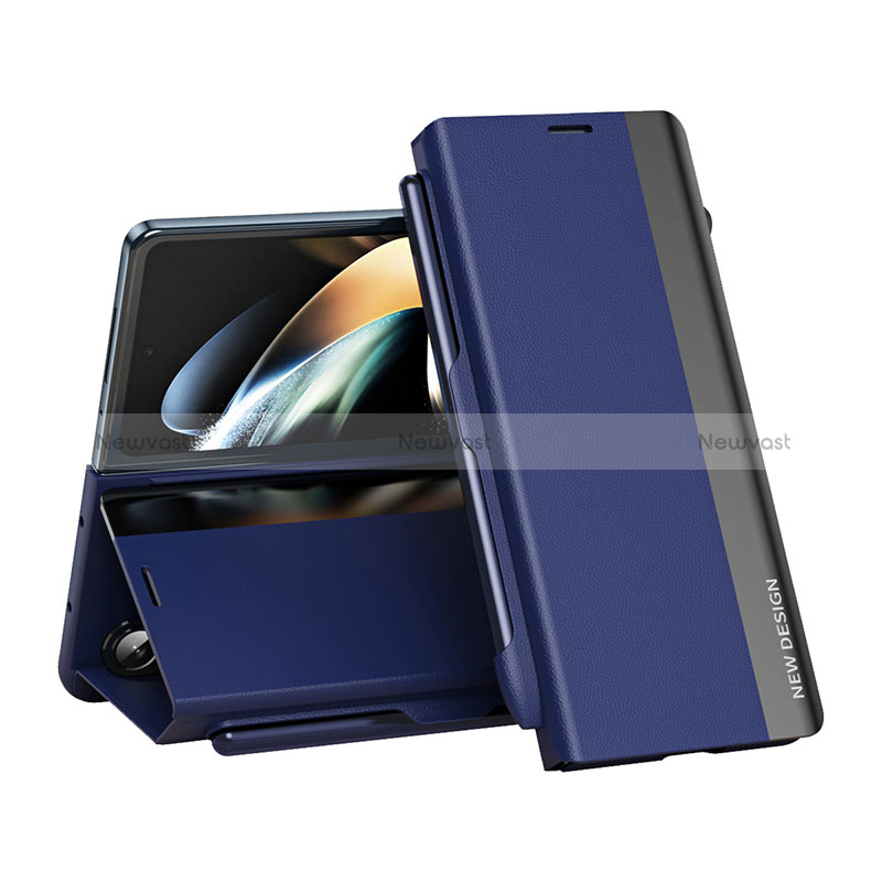 Leather Case Stands Flip Cover Holder QH2 for Samsung Galaxy Z Fold5 5G Blue