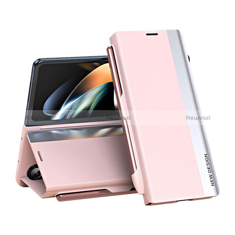 Leather Case Stands Flip Cover Holder QH2 for Samsung Galaxy Z Fold5 5G Rose Gold