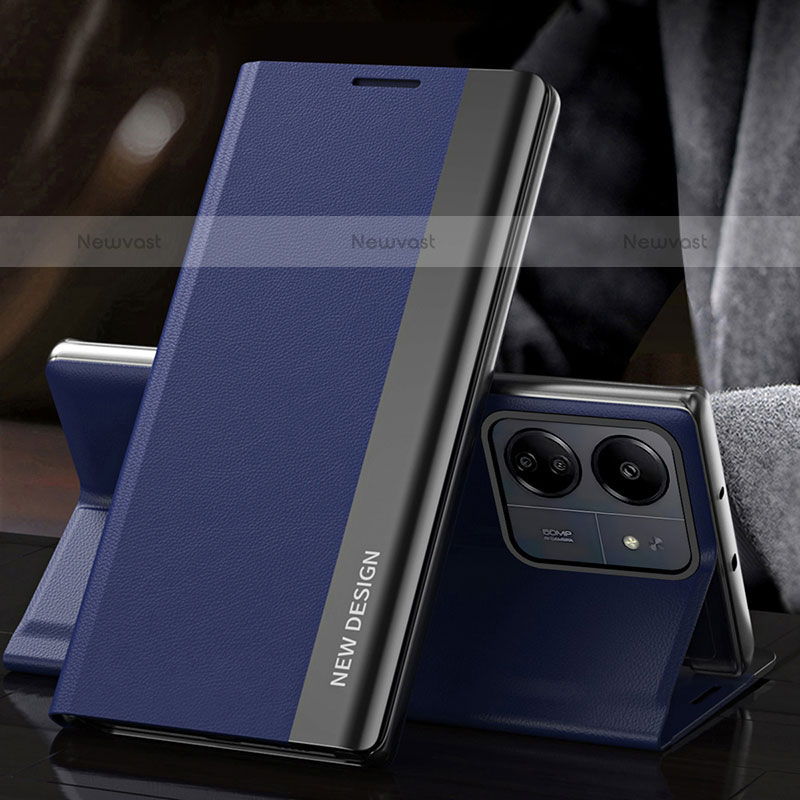 Leather Case Stands Flip Cover Holder QH2 for Xiaomi Poco C65 Blue