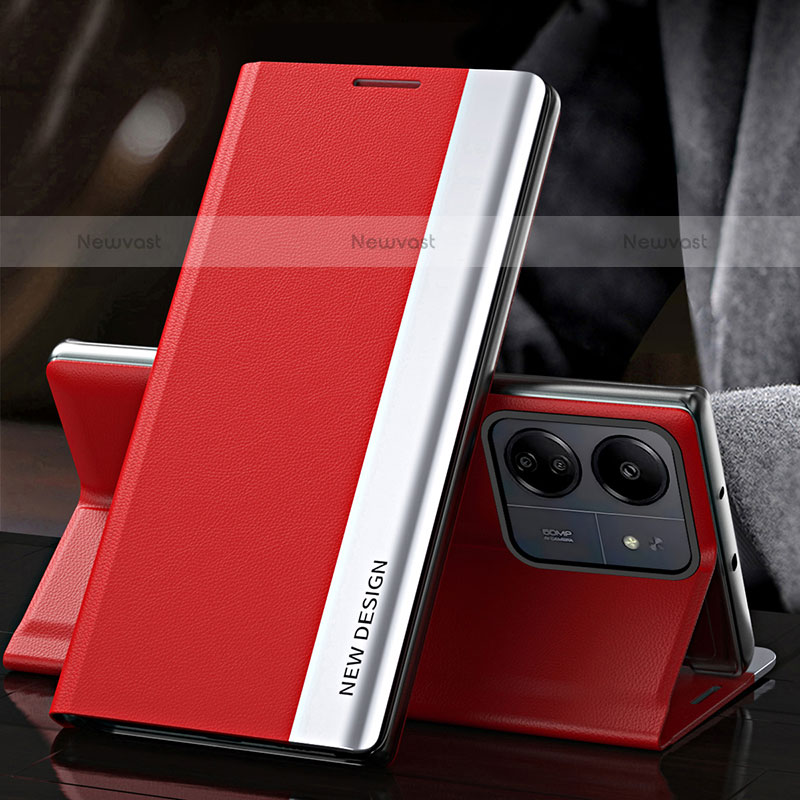 Leather Case Stands Flip Cover Holder QH2 for Xiaomi Poco C65 Red