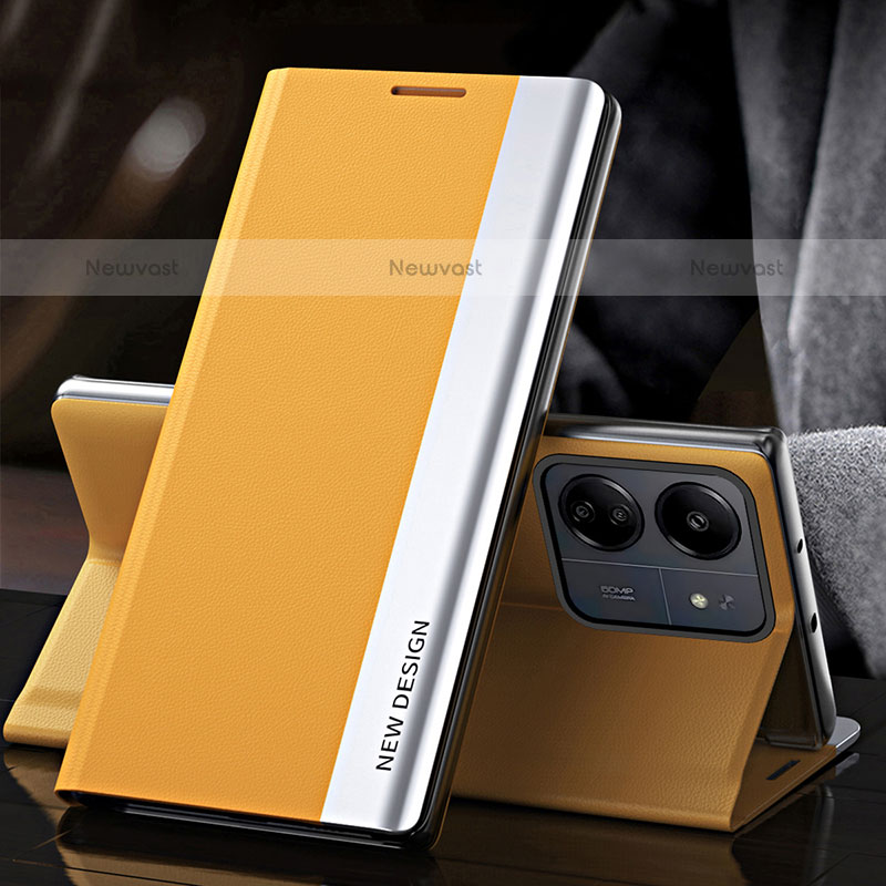 Leather Case Stands Flip Cover Holder QH2 for Xiaomi Poco C65 Yellow