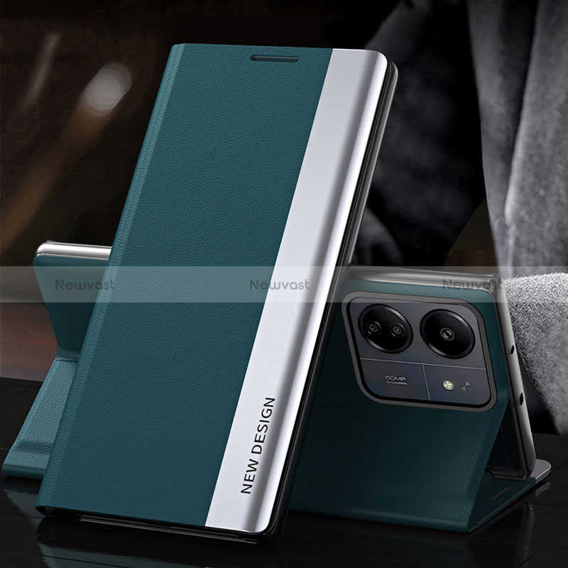 Leather Case Stands Flip Cover Holder QH2 for Xiaomi Redmi 13C Green