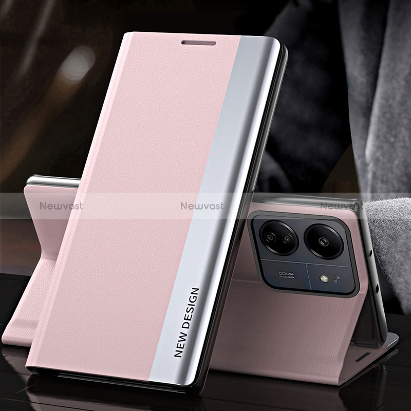 Leather Case Stands Flip Cover Holder QH2 for Xiaomi Redmi 13C Rose Gold