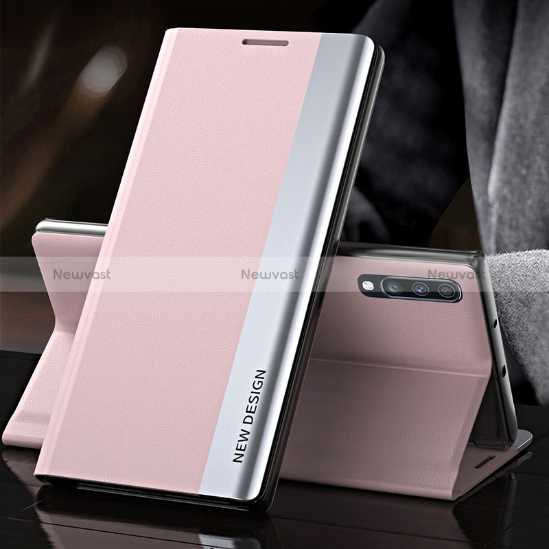 Leather Case Stands Flip Cover Holder QH3 for Samsung Galaxy A70S Rose Gold