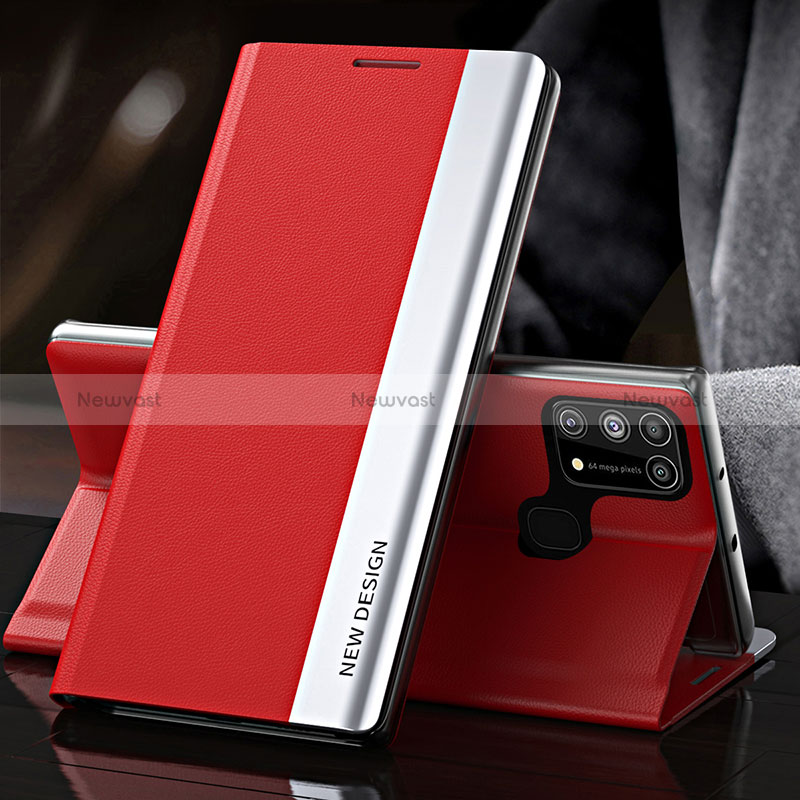 Leather Case Stands Flip Cover Holder QH3 for Samsung Galaxy M21s Red