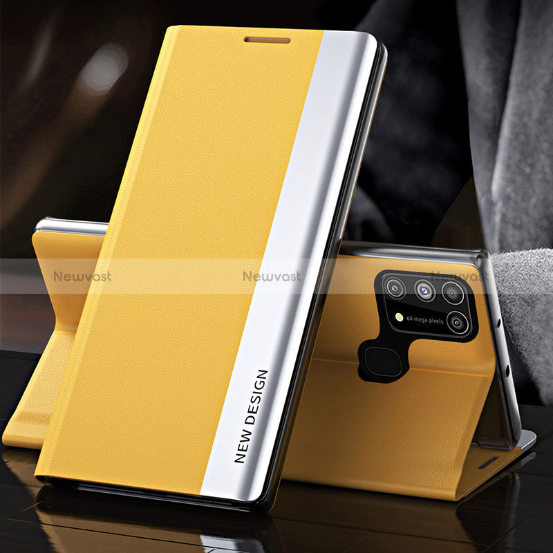 Leather Case Stands Flip Cover Holder QH3 for Samsung Galaxy M21s Yellow