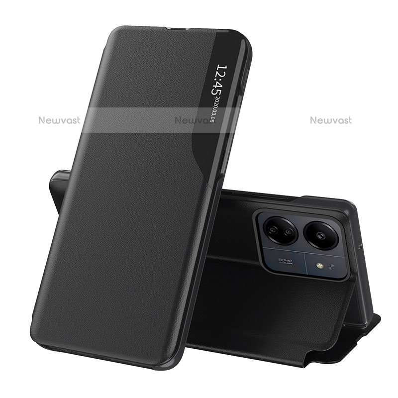 Leather Case Stands Flip Cover Holder QH3 for Xiaomi Poco C65 Black