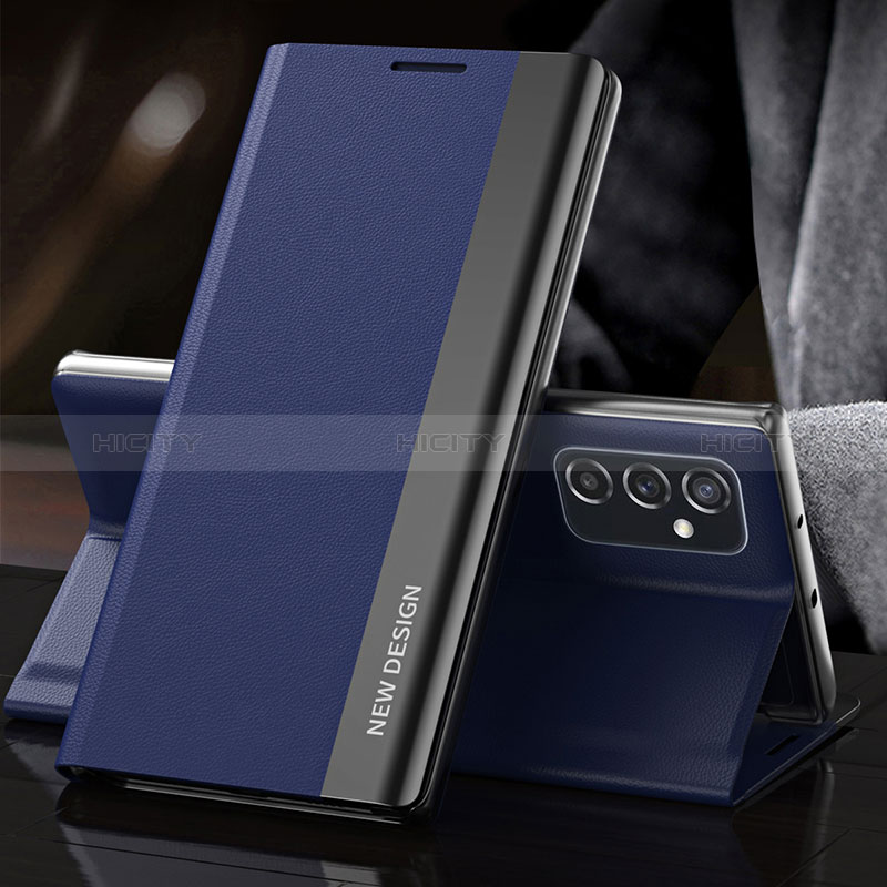 Leather Case Stands Flip Cover Holder QH4 for Samsung Galaxy F23 5G Blue