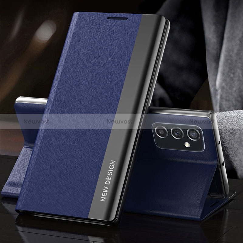 Leather Case Stands Flip Cover Holder QH4 for Samsung Galaxy M23 5G Blue