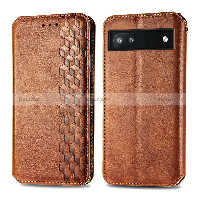 Leather Case Stands Flip Cover Holder S01D for Google Pixel 6a 5G Brown