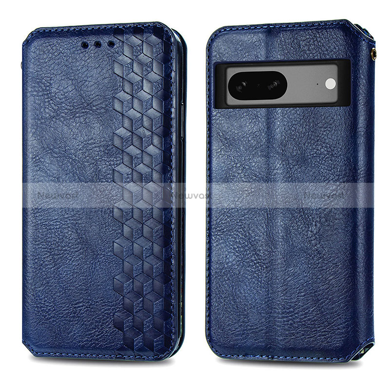 Leather Case Stands Flip Cover Holder S01D for Google Pixel 7a 5G Blue