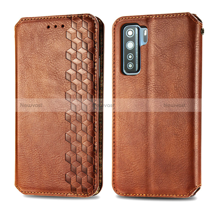 Leather Case Stands Flip Cover Holder S01D for Huawei Nova 7 SE 5G Brown