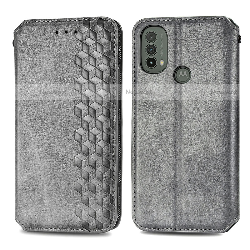 Leather Case Stands Flip Cover Holder S01D for Motorola Moto E20 Gray