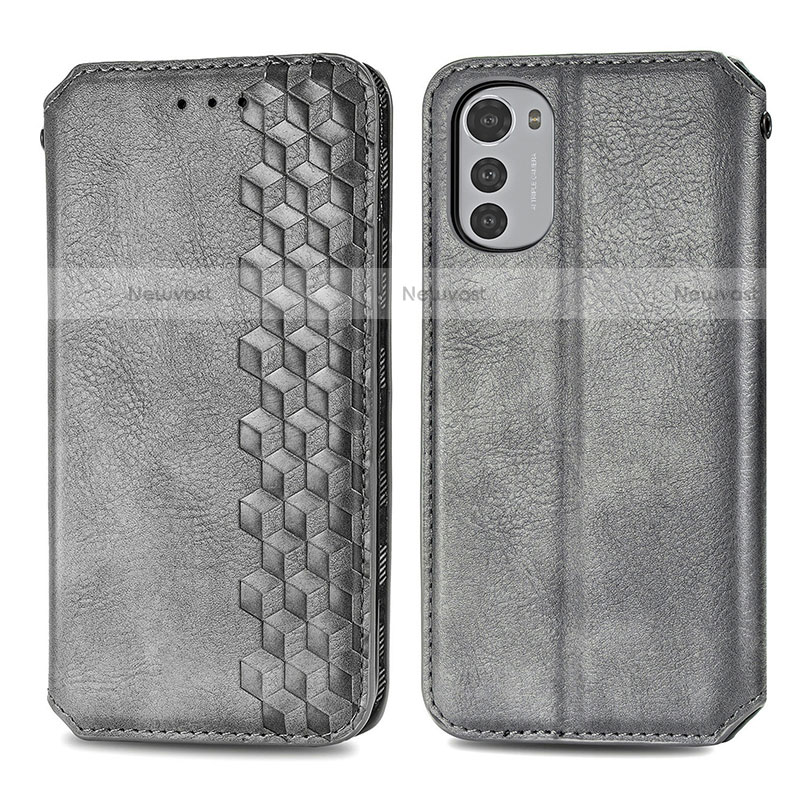 Leather Case Stands Flip Cover Holder S01D for Motorola Moto E32 Gray