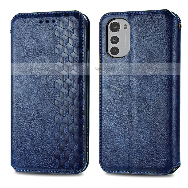 Leather Case Stands Flip Cover Holder S01D for Motorola Moto E32s Blue