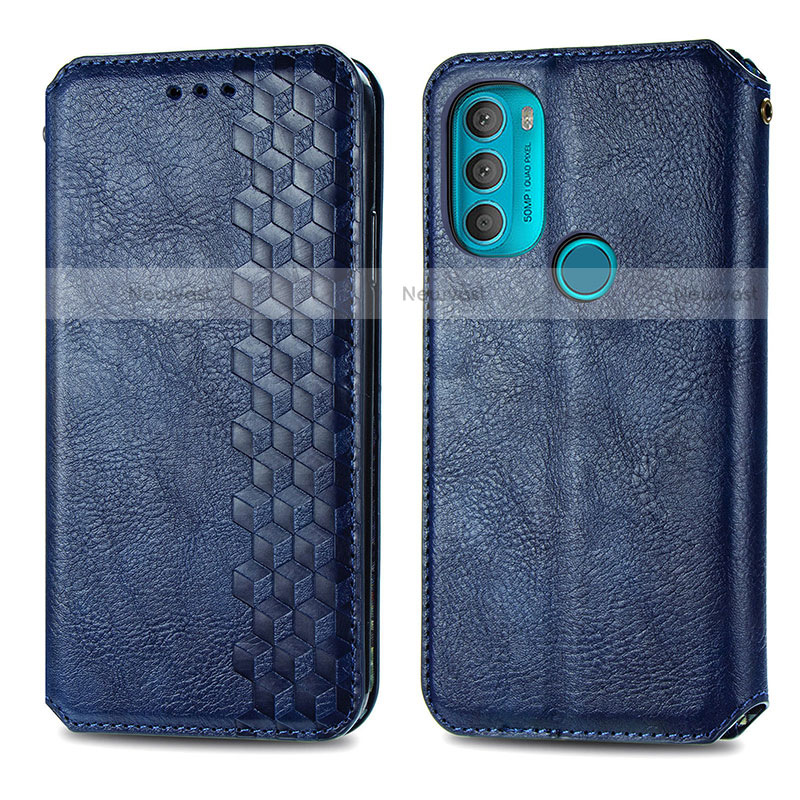 Leather Case Stands Flip Cover Holder S01D for Motorola Moto G71 5G Blue