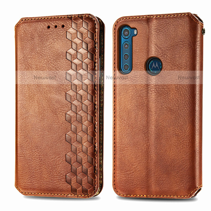 Leather Case Stands Flip Cover Holder S01D for Motorola Moto One Fusion Plus Brown