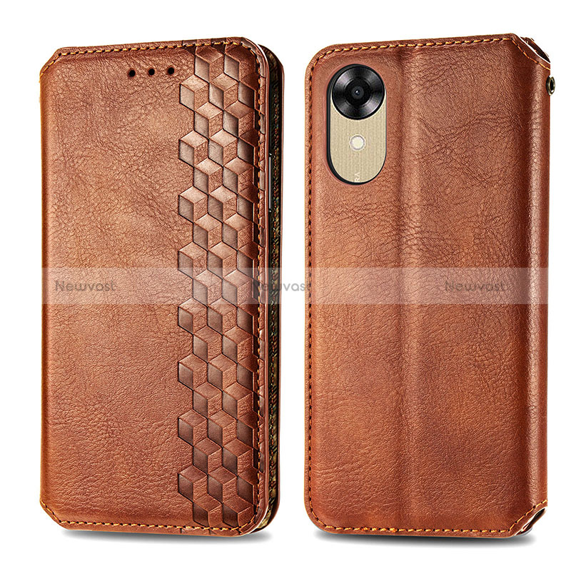 Leather Case Stands Flip Cover Holder S01D for Oppo A17K Brown