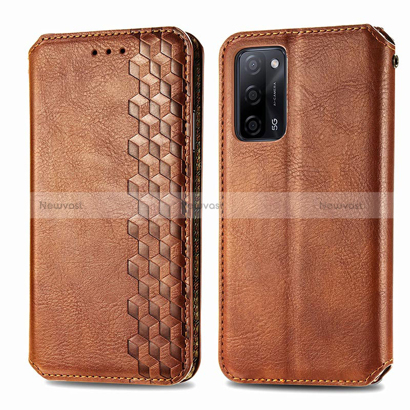 Leather Case Stands Flip Cover Holder S01D for Oppo A56 5G Brown