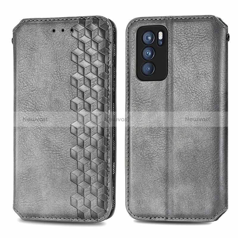 Leather Case Stands Flip Cover Holder S01D for Oppo Reno6 Pro 5G India Gray