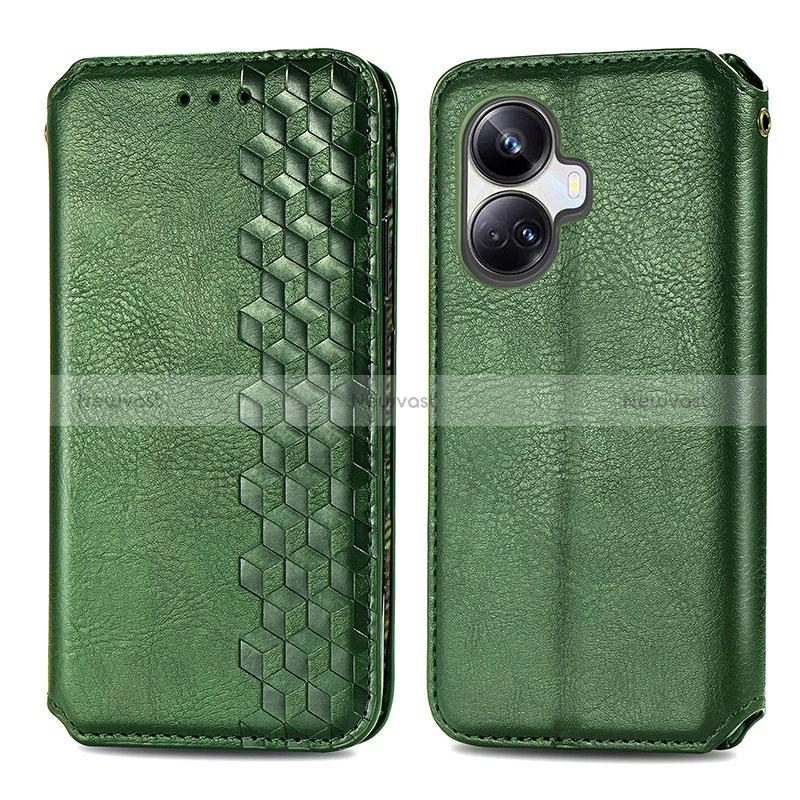 Leather Case Stands Flip Cover Holder S01D for Realme 10 Pro+ Plus 5G Green