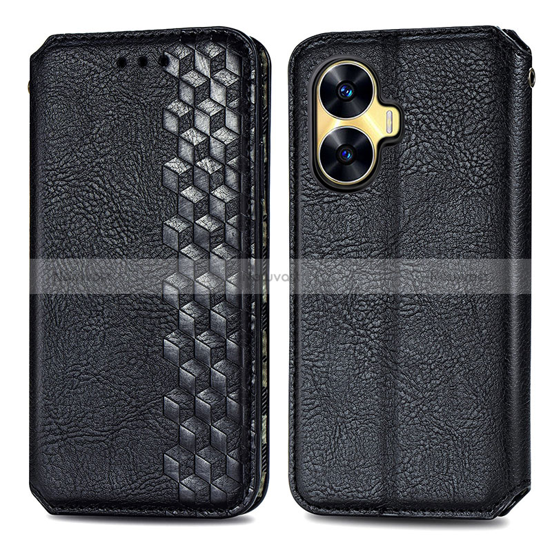 Leather Case Stands Flip Cover Holder S01D for Realme C55 Black