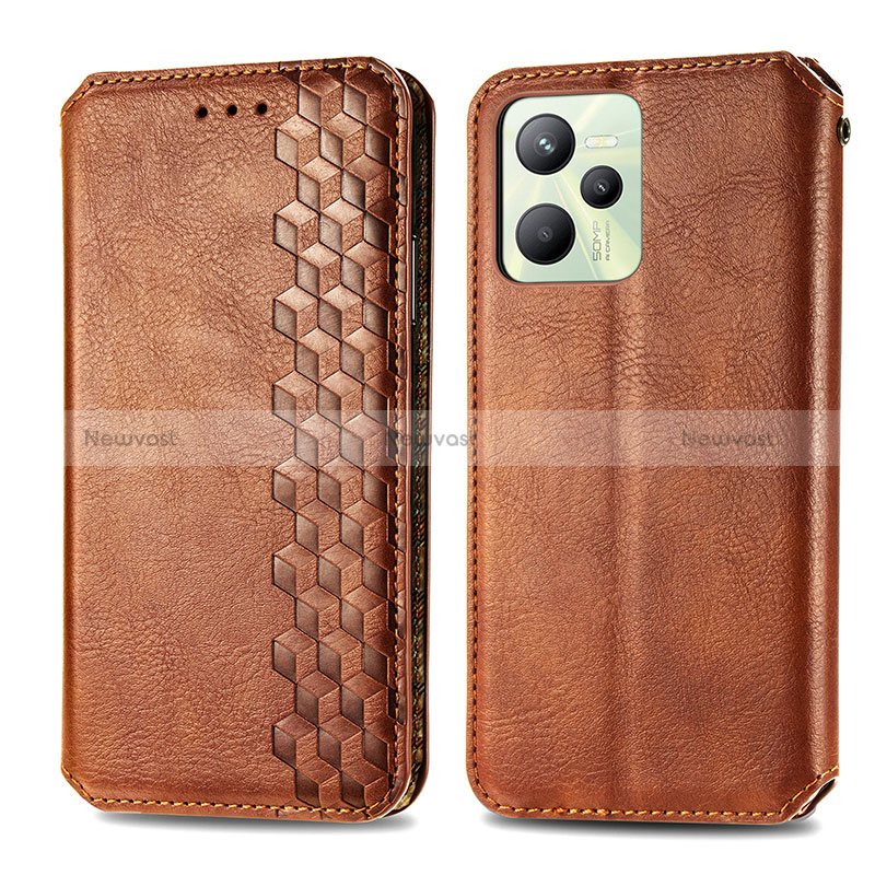 Leather Case Stands Flip Cover Holder S01D for Realme Narzo 50A Prime Brown