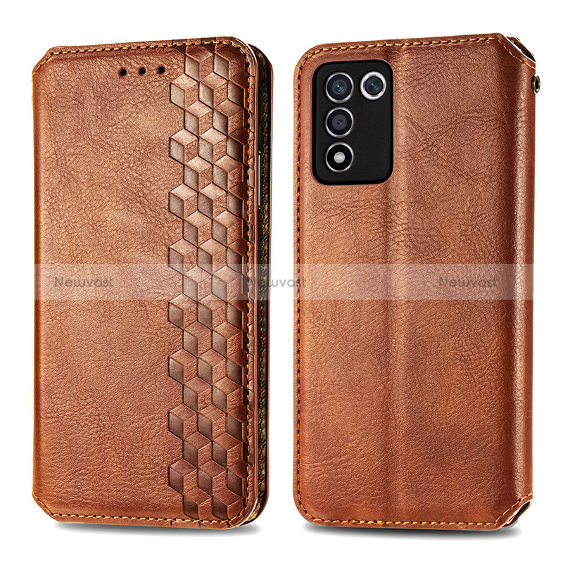 Leather Case Stands Flip Cover Holder S01D for Realme Q3s 5G Brown