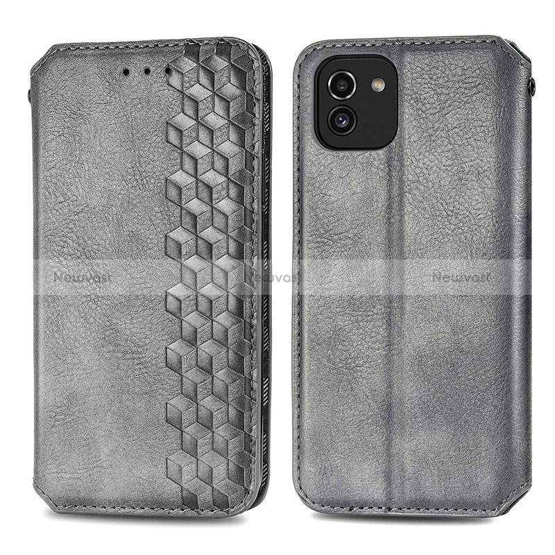 Leather Case Stands Flip Cover Holder S01D for Samsung Galaxy A03 Gray