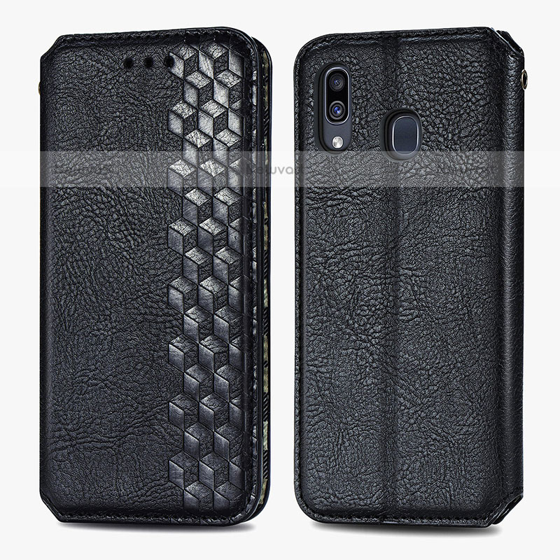 Leather Case Stands Flip Cover Holder S01D for Samsung Galaxy A20 Black