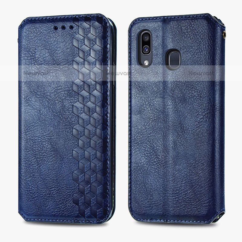 Leather Case Stands Flip Cover Holder S01D for Samsung Galaxy A20 Blue