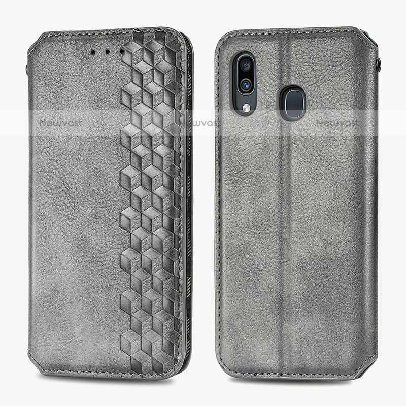 Leather Case Stands Flip Cover Holder S01D for Samsung Galaxy A20 Gray