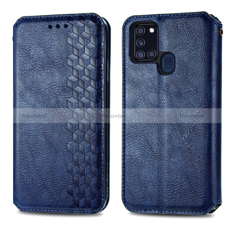 Leather Case Stands Flip Cover Holder S01D for Samsung Galaxy A21s Blue