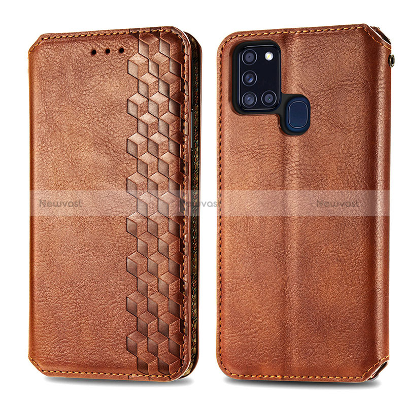 Leather Case Stands Flip Cover Holder S01D for Samsung Galaxy A21s Brown