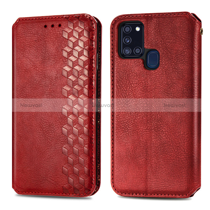 Leather Case Stands Flip Cover Holder S01D for Samsung Galaxy A21s Red