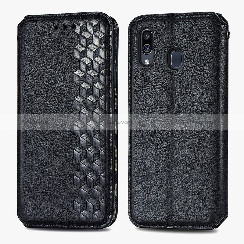 Leather Case Stands Flip Cover Holder S01D for Samsung Galaxy A30 Black