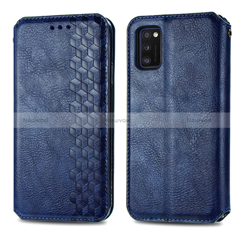 Leather Case Stands Flip Cover Holder S01D for Samsung Galaxy A41 Blue