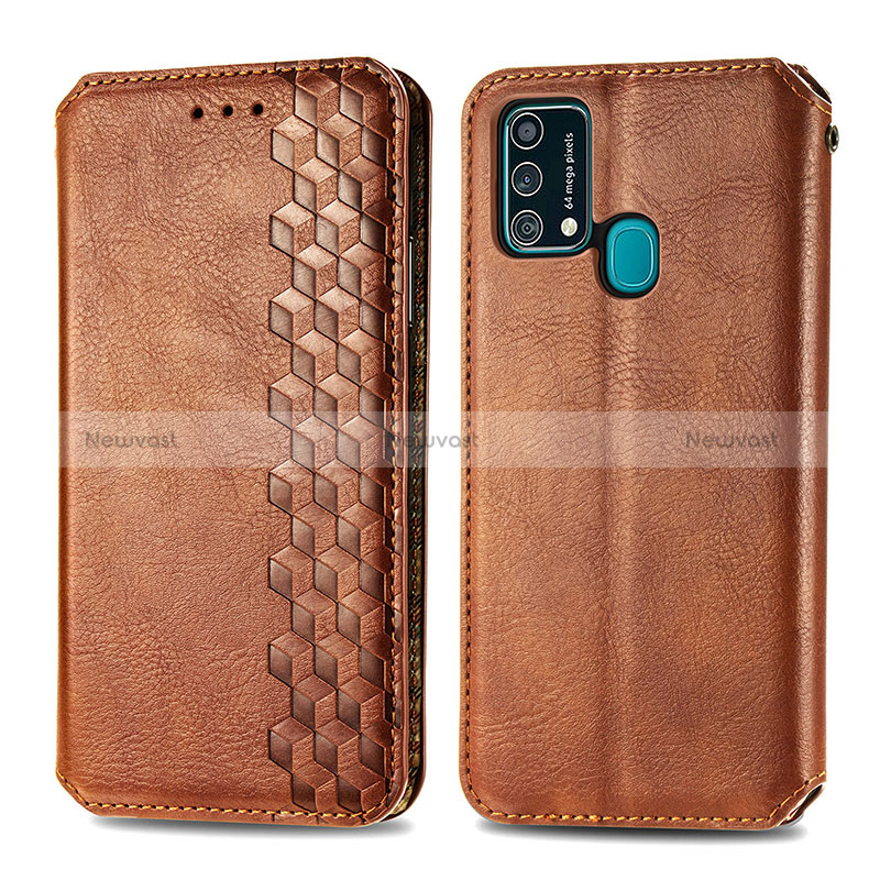 Leather Case Stands Flip Cover Holder S01D for Samsung Galaxy F41 Brown