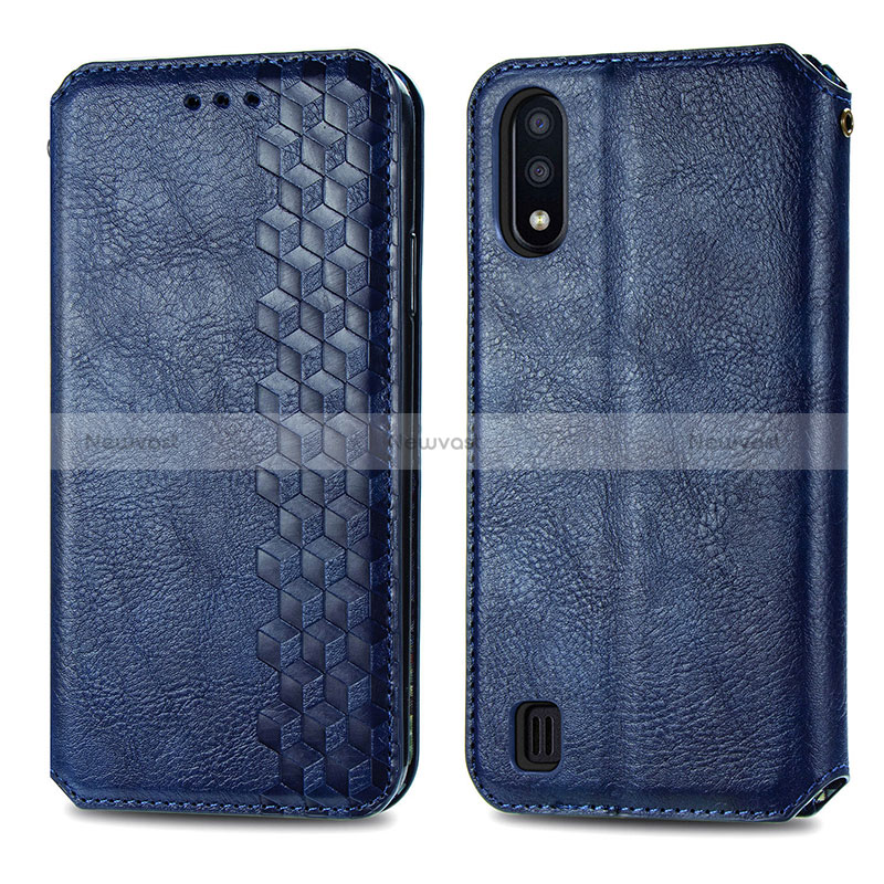 Leather Case Stands Flip Cover Holder S01D for Samsung Galaxy M01 Blue