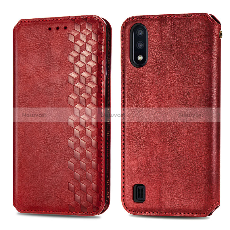 Leather Case Stands Flip Cover Holder S01D for Samsung Galaxy M01 Red