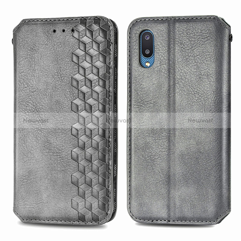 Leather Case Stands Flip Cover Holder S01D for Samsung Galaxy M02 Gray