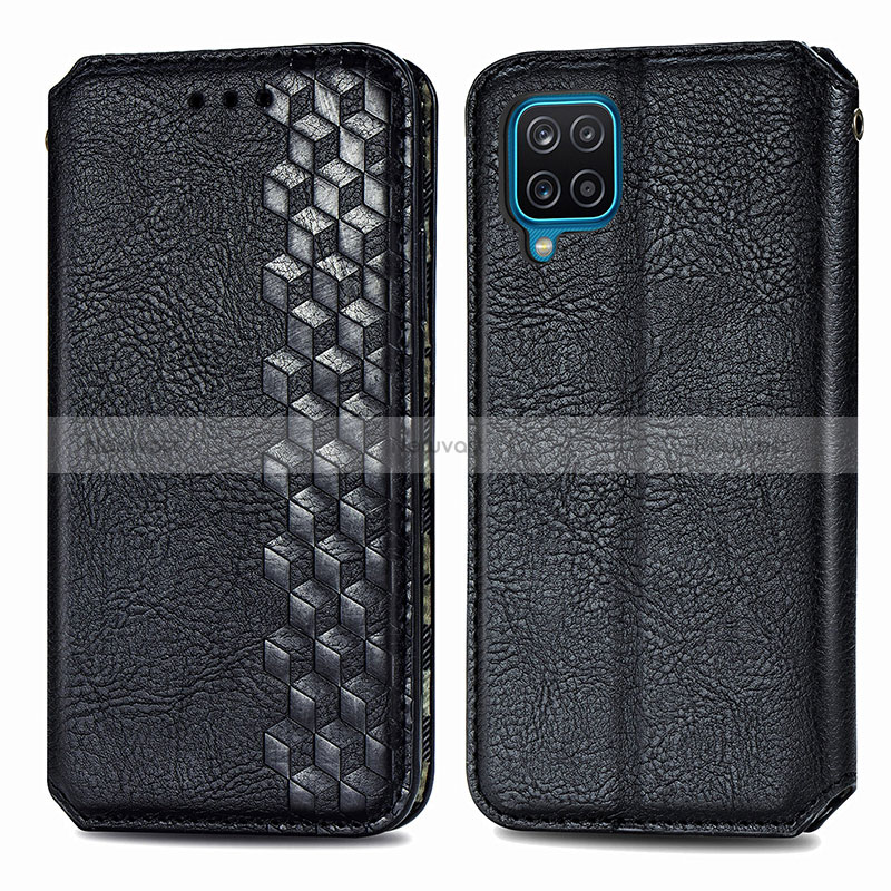 Leather Case Stands Flip Cover Holder S01D for Samsung Galaxy M12 Black